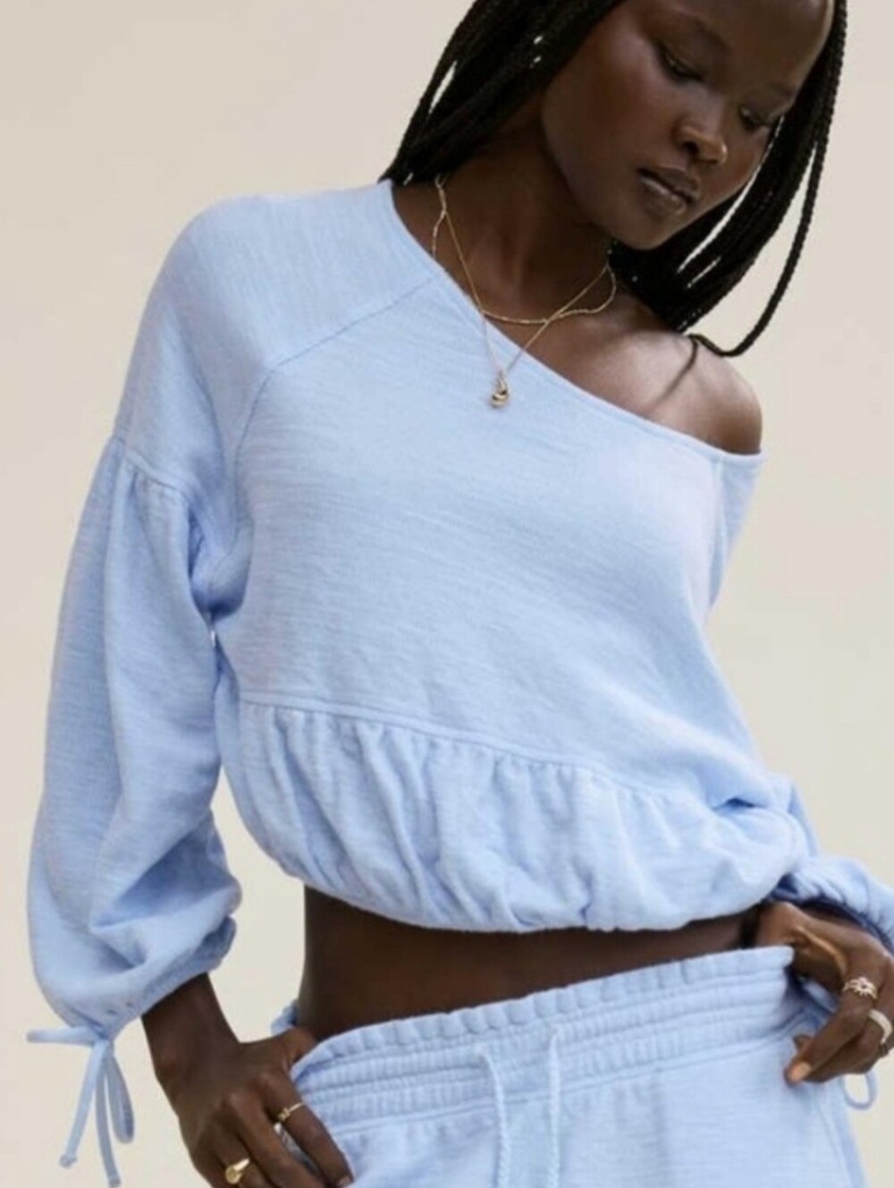 aerie Light Blue Cropped Peasant Waffle Sweatshirt XS New Lounge Casual School